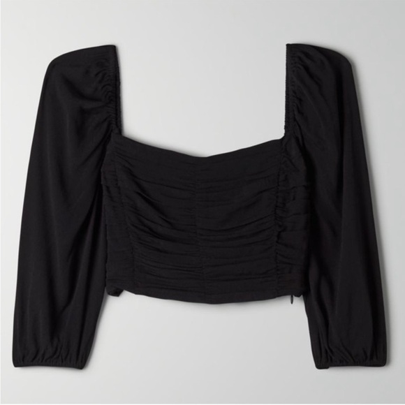 Aritzia Wilfred Lolita Smocked Cropped Blouse in Black NWT Size Medium - Picture 2 of 7